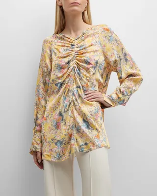 Abstract Floral-Print Shirred Hammered Satin Top