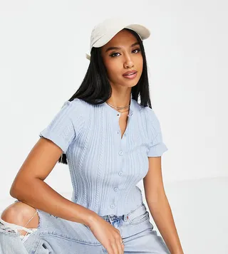 ASOS DESIGN Petite cardigan with mini cable and frill detail in blue