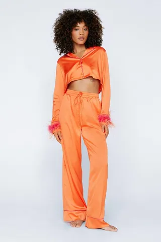 Nasty Gal Womens Ombre Feather Cropped Shirt & Pants Pajama Set