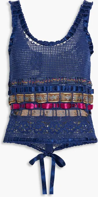Ribbon-embellished crocheted cotton tank