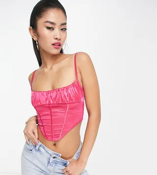 ASYOU shrunken bust stretch satin corset cami in pink