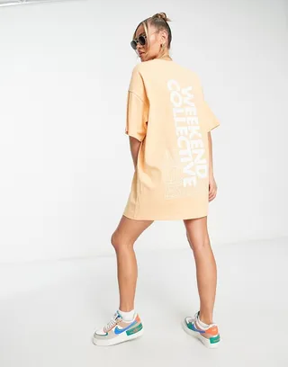 ASOS Weekend Collective oversized T-shirt dress with back graphic in apricot