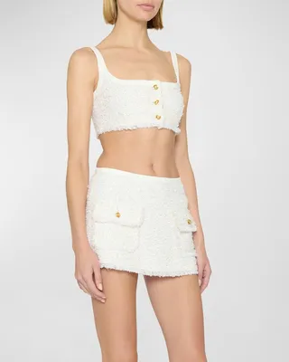 Fringe-Edge Paillette Tweed Mini Skirt