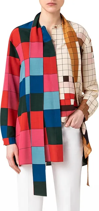 Checked Button-Front Top with Detachable Bow