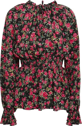 Shirred floral-print silk crepe de chine blouse
