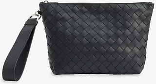 Mens Black Intrecciato Zipped Leather Pouch
