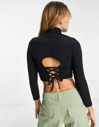 Miss Selfridge lace up back rib funnel top in black