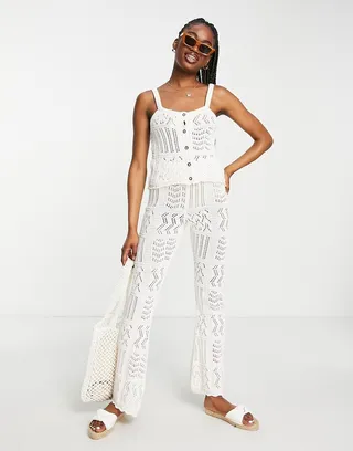ASOS DESIGN crochet beach top with button placket in cream - part of a set