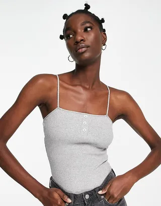 ASOS DESIGN strappy bodysuit in rib button detail in gray heather