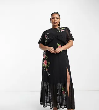 ASOS DESIGN Curve textured chiffon puff sleeve midi tea dress with floral embroidery in black