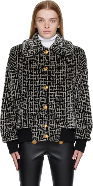 Balmain Black & Off-White Monogram Bomber Jacket