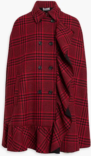 Double-breasted ruffled checked wool-blend tweed cape