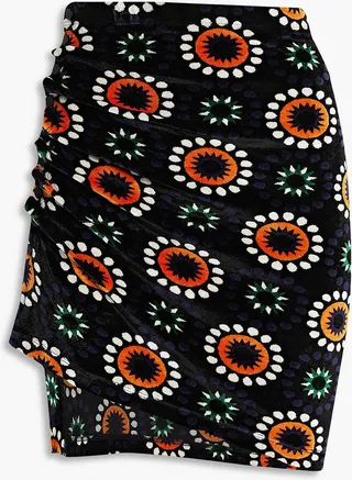Snap-detailed printed velour mini skirt