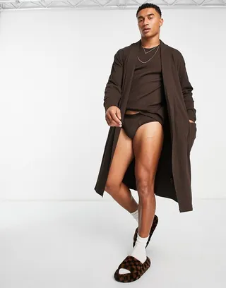 ASOS DESIGN lounge robe in tonal cotton rib in brown