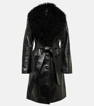 Shearling-trimmed leather coat