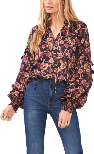 1.state Women's Ruffle Long Sleeve Split Neck Blouse