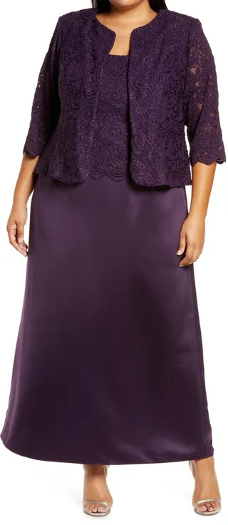 Embroidered Lace Mock Two-Piece Gown with Jacket