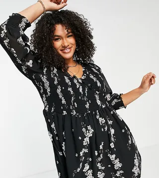 ASOS DESIGN Curve mini smock dress with shirred cuffs in black floral print