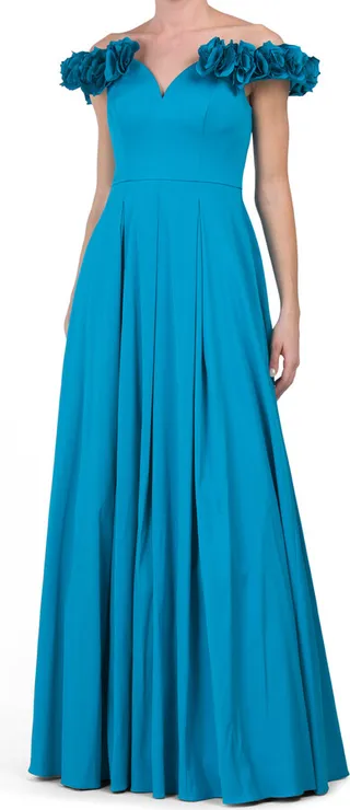 Off The Shoulder Sweetheart Neckline Gown With Flower Detail