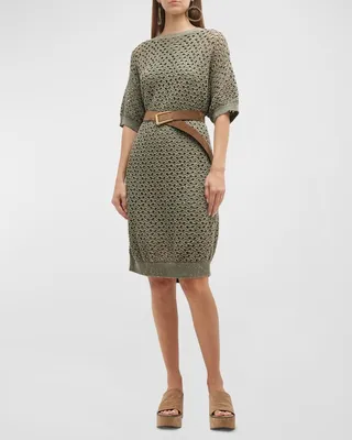 Paillette Crochet Knit Linen-Silk Dress