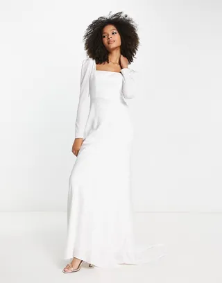ASOS EDITION Gigi satin square neck long sleeve wedding dress in ivory