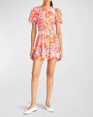 Cole Puff-Sleeve Floral Crepe de Chine Mini Dress