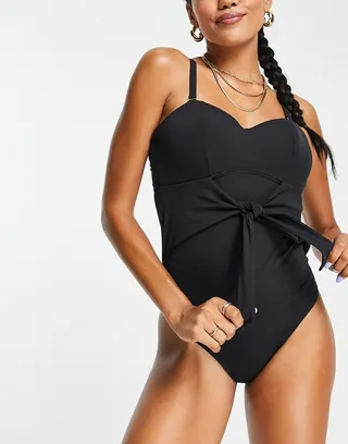 Figleaves Fuller Bust sienna underwire bow front swimsuit in black