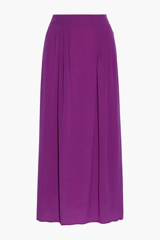 Pleated silk crepe de chine midi skirt