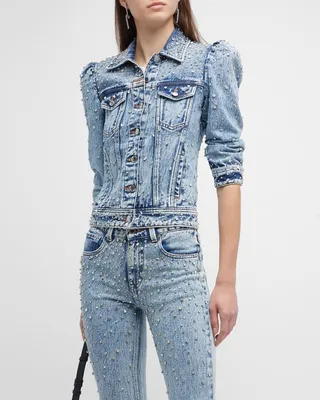 Ada Crystal Half-Sleeve Denim Jacket
