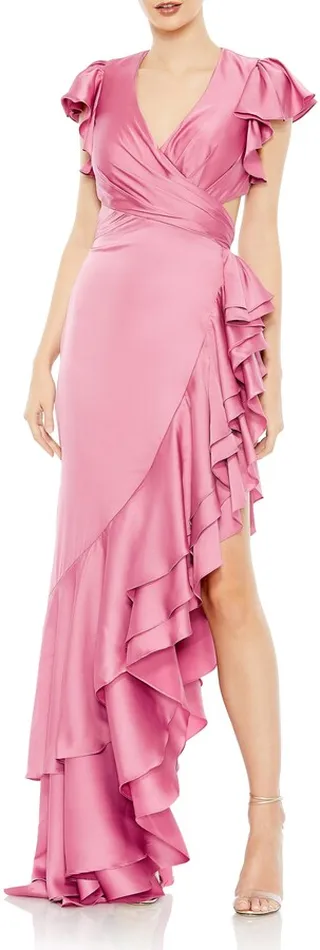 V-Neck Flutter Sleeve Sheath Gown