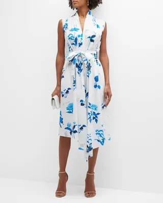 Floral-Print Belted Asymmetric Poplin Midi Dress