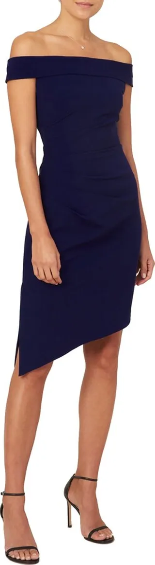 Ally Off the Shoulder Asymmetric Hem Sheath Dress