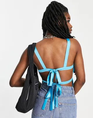 ASOS DESIGN square neck tie back cami in blue pop