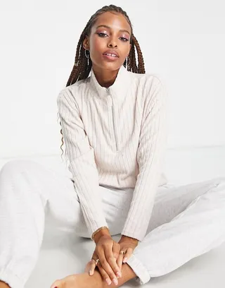 New Look rib half zip lounge top in oatmeal