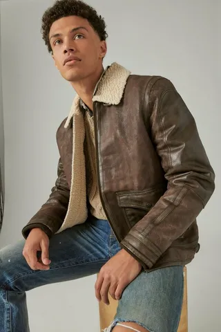 Leather Aviator Jacket With Faux Shearling Collar