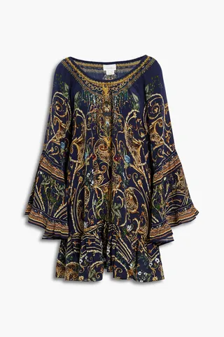 Crystal-embellished printed silk crepe de chine mini dress