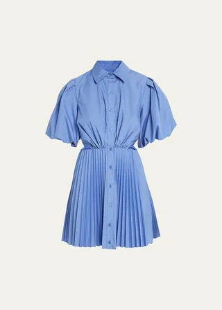 Nadine Pleated Poplin Puff-Sleeve Mini Shirtdress