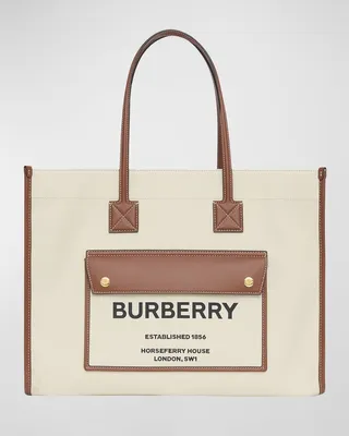 Smooth Leather & Canvas Pocket East-West Tote Bag