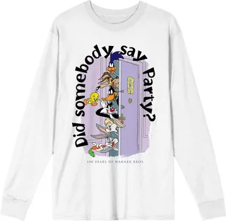 WB 100: Looney Tunes Mashups Friends Did Somebody Say Party Crew Neck Long Sleeve White Women’s Tee-Large