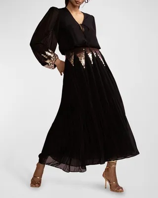 Pleated Sequin Starburst Silk Blouse