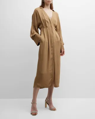 Pintuck Crepe Sable Midi Shirtdress