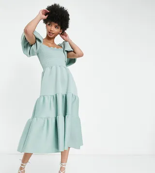ASOS DESIGN Tall shirred puff sleeve tiered prom midi dress in frosty sage