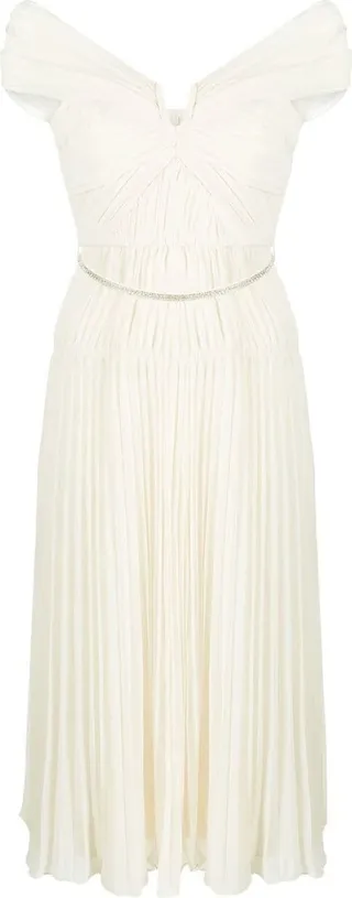 Off-Shoulder Pleated Midi Dress