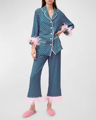 Check-Print Feather-Trim Party Pajama Set