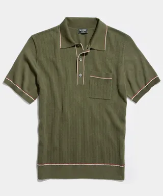 Italian Cotton Silk Tipped Riviera Sweater Polo in Oak Moss
