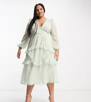 ASOS DESIGN Curve midi dress with long sleeve and circle trim in sage green