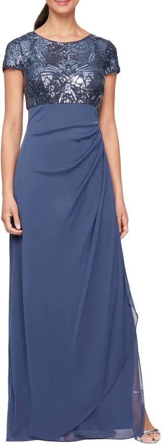 Sequin Ruched Chiffon Column Gown