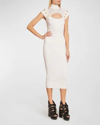 6-Button Cutout Mesh-Inset Knit Midi Dress