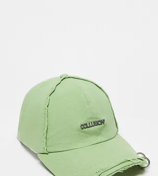 COLLUSION Unisex distressed logo cap with hardware details in khaki