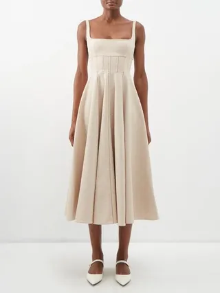 Square-neck Topstitched Twill Dress